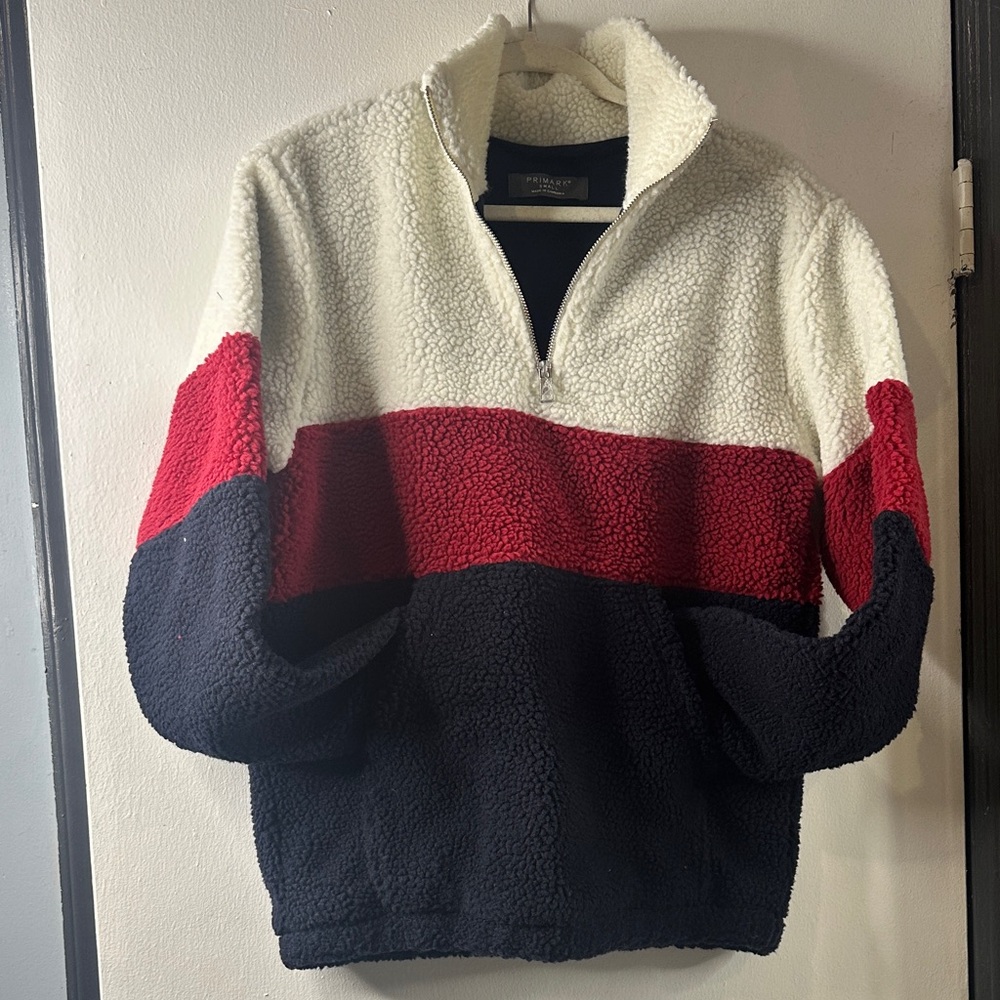 Primark Zip Up Sweater in Cream, Red, and Black
